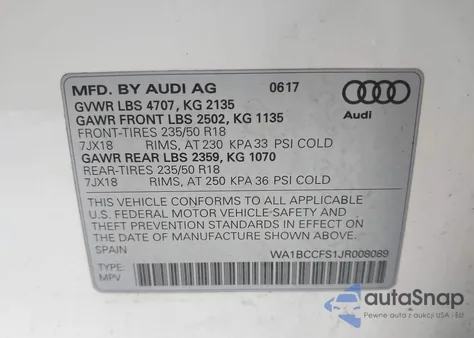 2018 Audi Q3 2.0T Premium/2.0T Sport Premium из США, поврежденный, VIN WA1BCCFS1JR008089